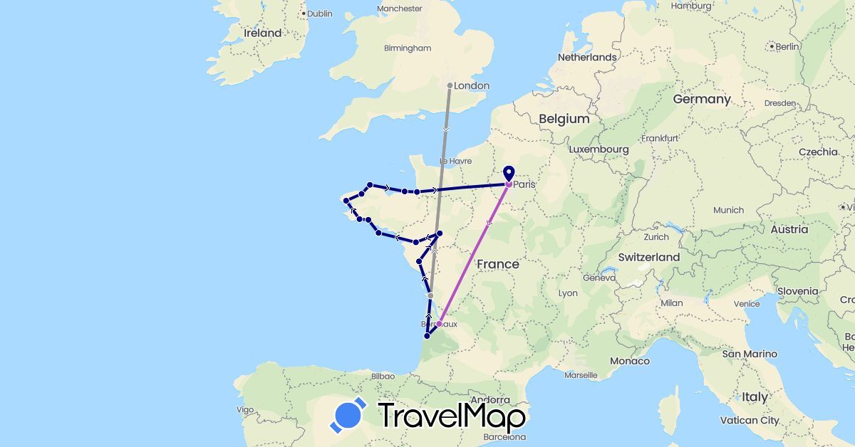 TravelMap itinerary: driving, plane, train in France, United Kingdom (Europe)